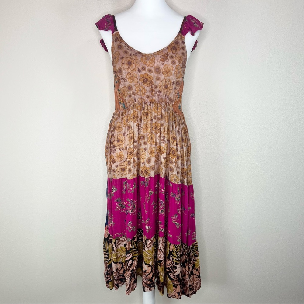 Sacred Threads Brown & Pink Mixed Floral Prints Sleeveless Boho Tiered Dress
